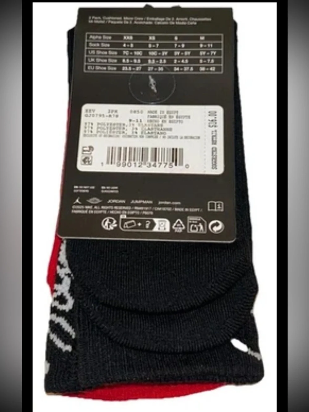 Nike Jumpman Kids Crew Socks 2 Pair Youth 5Y-7Y Red Black w Jordan Logo Cushion